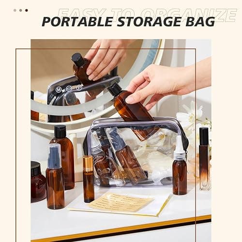 21 Pcs Amber Plastic Travel Toiletry Bottles Set, TSA Approved Travel Containers, Leak Proof Containers with Refillable Squeeze Bottle, Roller Balls, Pump sprayer, Perfume Atomizer, Labels & Funnel thumbnail 5