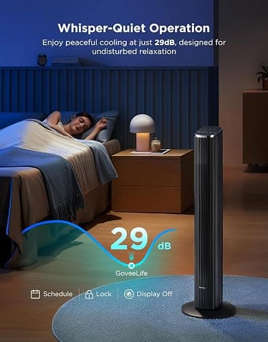 GoveeLife 36 in. Black Tower Fan for Bedroom, 5 Modes 8 Speeds up to 25ft/s | Smart Floor Fan with App/Voice Control, Temp Sensor, 29dB Bladeless Oscillating Fan for Office, 24H Timer, Auto Cooling thumbnail 4