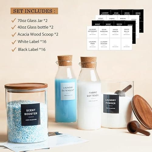 Glass Laundry Storage Containers Set, 4 Pack Liquid Detergent Dispenser with Cork Lid & Laundry Room Organization Jar with Acacia Lid, Fabric Softener Dispenser Bottles and Powder Detergent Organizer thumbnail 4