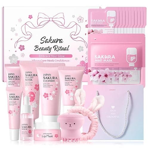 MrCuvaryas Sakura Skincare Set For Teen Girls & Women, 32PCS Face Care Kit With Cherry Blossom Essence, Serum, Cleanser, Lip Mask, Mud Mask & More - Image 1
