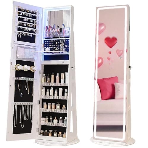 CHARMAID Swivel LED Mirror Jewelry Cabinet Armoire, Full Length Mirror with Storage, 3 Color & Adjustable Lights, Lockable Standing Jewelry Organizer with Lighted Mirror (White) - Image 1