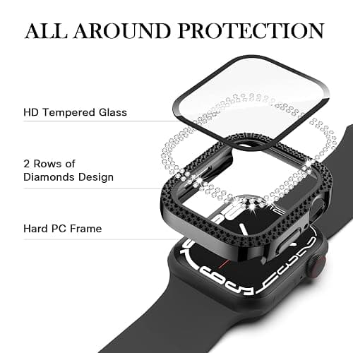 Adepoy for Apple Watch Case 44mm Series 6/5/4/SE with Tempered Glass Screen Protector, Double Bling Case Crystal Diamonds Rhinestone Bumper Overall Hard PC Slim Protective Cover For iWatch 44mm, Black thumbnail 4