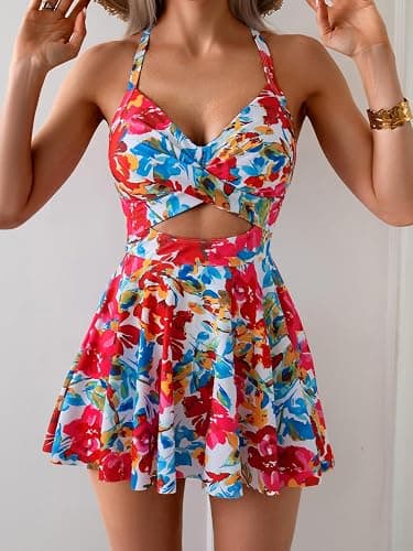 B2prity Women's Swim Dress Tummy Control One Piece Swimsuit with Skirt | Modest bathing suit with skirt,Slimming Swimdress,Adjustable Tie Back,Built-in Safety Brief,Push Up Non-removable Pads thumbnail 5