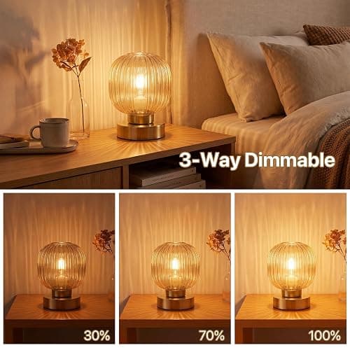 Elenhome Amber Touch Glass Table Lamp Set of 2, 3-Way Dimmable Bedside Lamps, Vintage Mid-Century Modern Nightstand Lamps for Bedroom and Living Room, Ambient Mood Lighting, LED Bulb Included thumbnail 3