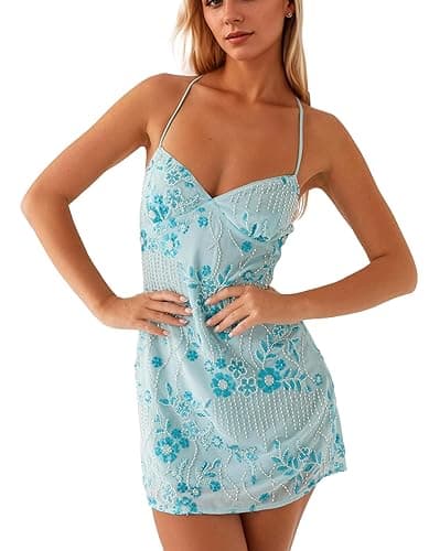 calbatic Women Sequin Sparkly Rhinestone Mini Dress Sleeveless Backless Deep V Neck Glitter Short Cami Dress Party Clubwear - Image 1