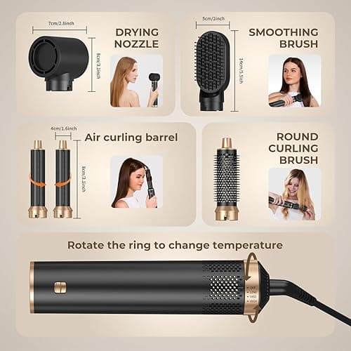 Blow Dryer Brush 5 in 1, Negative Ion Hair Dryer Brush Set Upgrade Hot Air Brush Air Styler Curling Wrap Air Curler, Curling Iron Hair Styling Tools As A Gift for Straight/Curl/Drying/Smoothing - Black Gold thumbnail 7