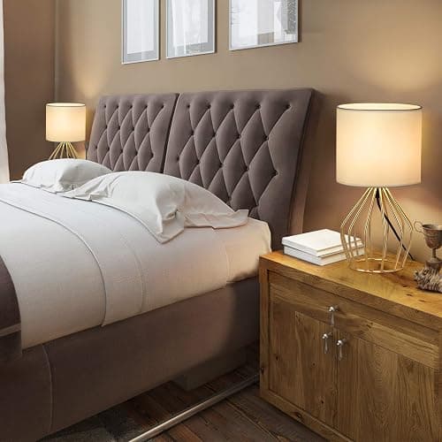 HAITRAL Gold Table Lamp - Modern Style Desk Lamp with Hollowed Out Base Linen Fabric Shade, Small Golden Bedside Lamp for Bedrooms, Living Room thumbnail 9