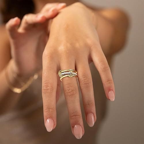JINEAR Gold Stackable Rings for Women Non Tarnish 14K Gold Plated Interlocked Ring Gold Silver Mixed Metal Statement Rings Dainty Cubic Zirconia Band Thumb Ring Jewelry Gift for Women thumbnail 5