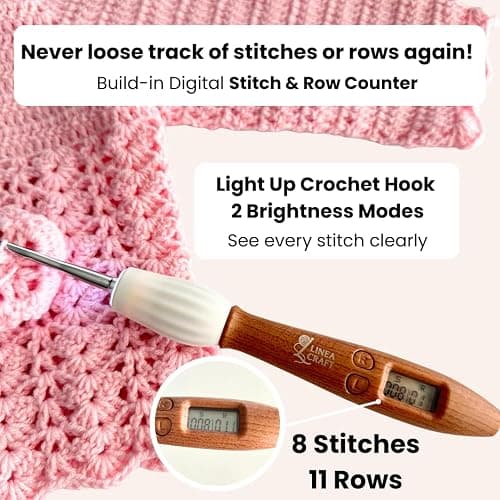 LineaCraft Counting Crochet Hook Set – 18 Sizes Interchangeable Hooks Kit, Light up, Digital Stitch & Row Counter, Ergonomic for Arthritic Hands with Pastel Crochet Hook Case – Crochet Gift thumbnail 2