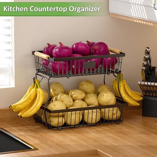 Astrorhine 2 Tier Fruit Basket for Kitchen Counter with 2 Banana Hangers, Countertop Metal Bread Basket with Wooden Handle, Large Storage Stand for Vegetables, Snacks, Eggs, Produce Storage – Black thumbnail 6
