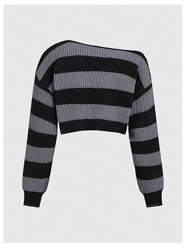 SOLY HUX Women's Y2K Striped Cropped Sweater Off Shoulder Knitwear Long Sleeve Pullover Tops thumbnail 2