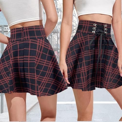Lunoakvo Women's High Waisted Short A-line Flare Gothic Mini Black Red Plaid Pleated Skirt Dress thumbnail 4