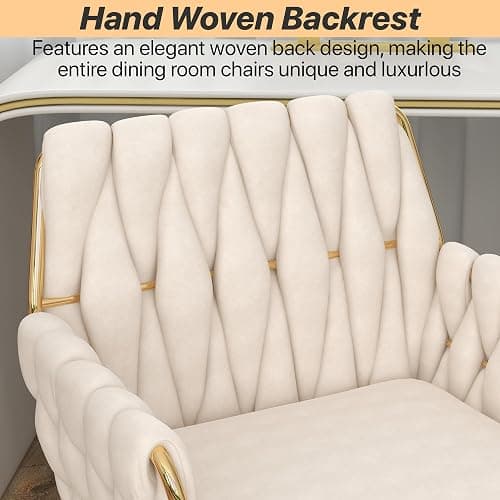 Gentlemoods Velvet Home Office Chair, Modern Height-Adjustable Vanity Chair with Golden Base and Hand-Woven Backrest for Bedroom/Study/Vanity (Beige) thumbnail 5