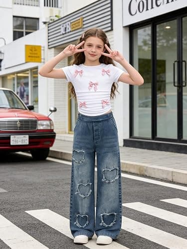Voxikidio Size 7-14 Years Girls 2 Piece Outfits Bow Short-Sleeved Top and Jeans Pants Clothing Set thumbnail 6