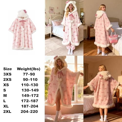 CHERSE Cute Cartoon Winter Hooded Nightgown Pajama Set Robe Snuggie Wearable Blanket Hoodie for Women Pink Bow thumbnail 5