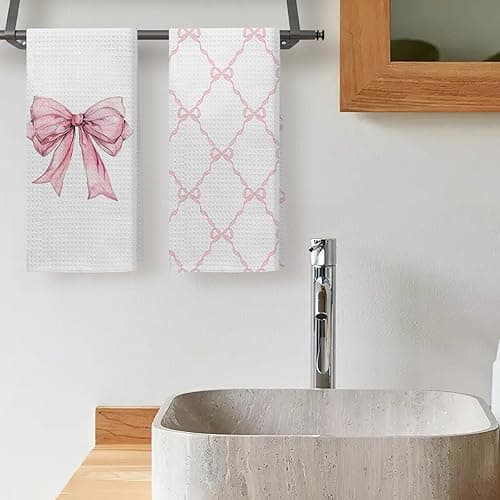 Kemingni Coquette Pink Bow Kitchen Towels Set of 2, Preppy Pink Ribbon Pattern Hand Towels for Bathroom, Girly Coquette Bathroom Decor, Bow Aesthetic Dish Tea Towels for Kitchen, 16x24 inches - Color 01 thumbnail 4