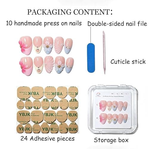 Handmade Short Almond French Press On Nails,Reusable&Salon Quality-EGA01,XS | 10Pcs Daily & Party Fake Nails | Easy Apply & Remove | Nude French Press Ons with Blue 3D Floral Carving Accents thumbnail 4