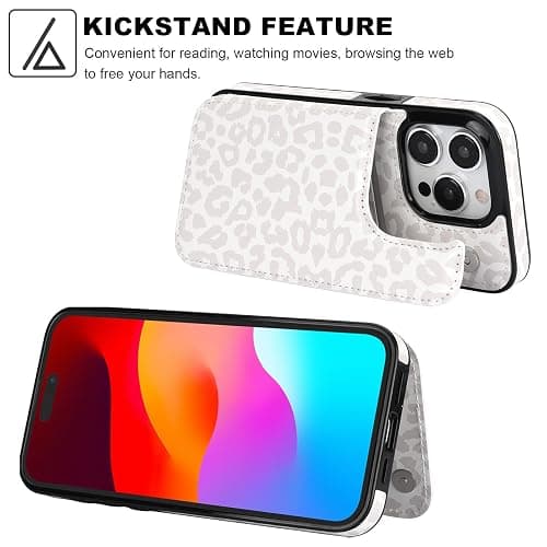 HAOPINSH iPhone 15 Pro Case Wallet with Card Holder, White Leopard Cheetah Pattern PU Leather Kickstand Case for Women, Double Magnetic Clasp, 6.1" thumbnail 5