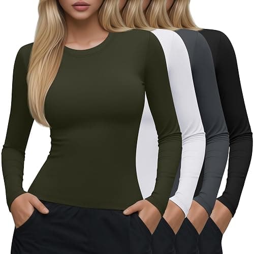 Neer 4 Pcs Womens Long Sleeve Yoga Shirts Crew Neck Compression Tight Workout Shirts Lightweight Stretchy Breathable Tees - Image 1