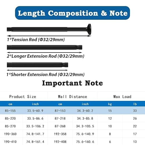 Curtain Pole No Drilling Extendable Telescopic Rod Extra Thick Shower Curtain Rail Tension Rod for Bathroom, Bedroom Black (85-155CM Φ32 mm) thumbnail 2