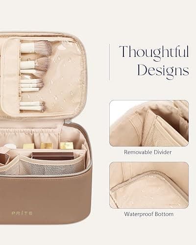 Prite Makeup Bag Portable Cosmetic Organizer with Brush Holder Waterproof Travel Toiletry Bag for Women with Handle and Divider (Brown) thumbnail 5