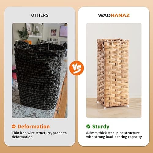 WAOHANAZ Rattan Umbrella Stand, Umbrella Holder for Entryway, Hand Woven Umbrella Rack Organizer Freestanding, with a Detachable Drip Tray, 4 Hooks, 6.5" L x 6.5" W x 16.5" H - 6.5"L x 6.5"W x 16.5"H thumbnail 7