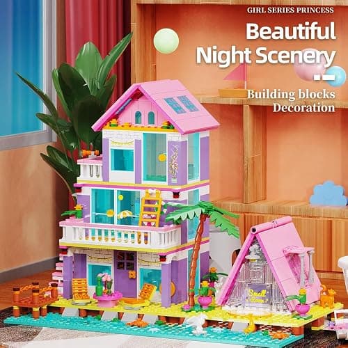 Girl Beach House Building Blocks Toys for Girls Age 8+, Seaside Villa Friends Building Set with Light, 791pcs Mini Bricks - Pink thumbnail 7