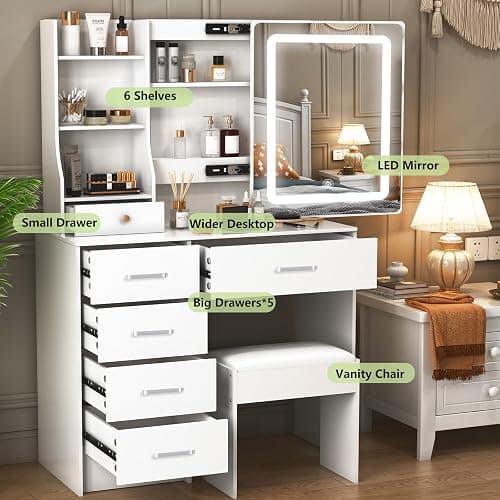 Caulitar Premium Vanity Desk with Mirror and LED Lights, 55.1" H White Makeup Vanity with 6 Drawers 6 Shelves & 1 Chair,Vanity with Led Lights 3 Modes Adjustable and Slide Mirror for Girls and Adults thumbnail 3