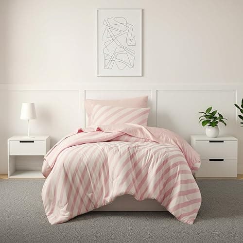 Reversible Striped Twin Comforter Set-Bed in A Bag 5-Pieces Bedding Set with Double-sided Stripes Design-Warm & Cozy Bed Set Includes Twin Size Comforter, Sheets Set, Pillowcase and Sham, Blush - Image 1