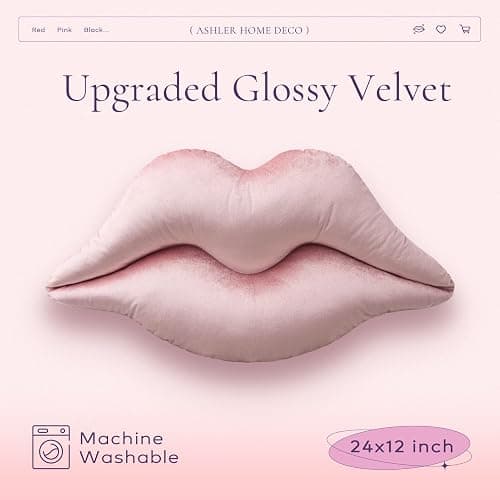 Ashler Upgraded Glossy Velvet Lip Shape Throw Pillow, Delicately Soft, Glossy Shimmering and Brilliant with Velvet Backing for Sofa, Bed and Living Room, Pink, 24 X 12 Inches thumbnail 5