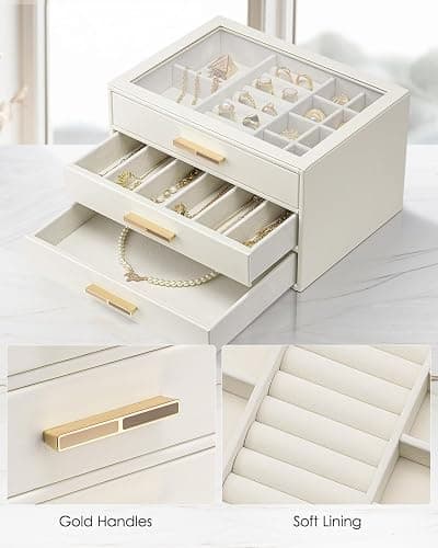 VLANDO Jewelry Box for Women, Glass Lid Jewelry Organizer with 3 Drawers for Necklaces Rings Earrings Bracelets Mother Day Gift for Mom - Cloud White thumbnail 4