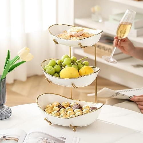 HOMKULA Ceramic Fruit Bowl for Kitchen Counter - 3 Tier Fruit Basket with Metal Stand, Tiered Fruit Stand for Countertop, Snack, Nuts, Cake, Dessert, Small & Cute (Gold-rimmed) thumbnail 7