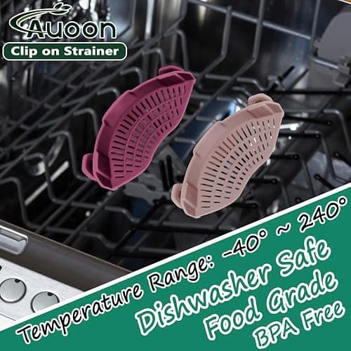 AUOON Clip on Strainer for Pots and Pans - Silicone Food Strainer for Draining Pasta, Spaghetti, Noodles, Fruits, Vegetables, Grease, Ground Beef (Almond Rose) thumbnail 3