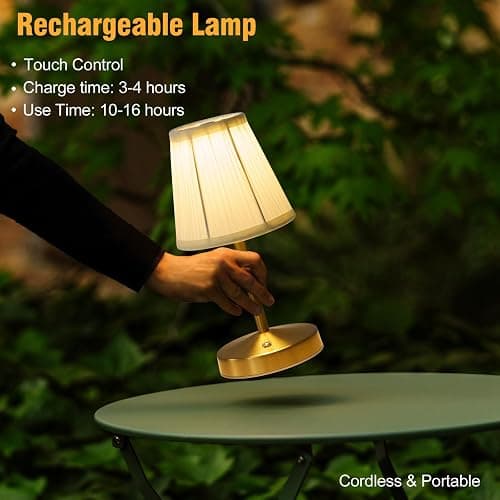 5w Led Cordless Mini Lamps,3000 mah Battery Operated Lamp,3 Color Temperature Dimmable Table Lamp,Gold Rechargeable Table Lamp Fabric,Aesthetic Small kitchen Lamp for Counter,Restaurant,Bar,H9.8" thumbnail 6