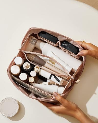 EACHY Travel Makeup Bag,Large Capacity Cosmetic Bags for Women,Waterproof Portable Pouch Open Flat Toiletry Bag Make up Organizer with Divider and Handle - Medium - AC-Pink thumbnail 9