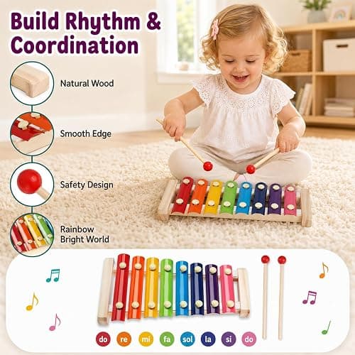 6-in-1 Montessori Baby Toy Set with Wooden Shape Sorter Xylophone Teether | 5 Stacking Rings, 6 Building Blocks, 20 Shape Blocks, Sensory Cube, Stacking, Sorting, Matching, Fine Motor Play, Baby Gift thumbnail 6
