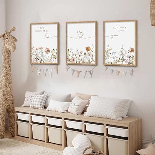 3Pcs Framed Boho Nursery Wall Art Flower Botanical Sentence Painting Picture Wall Decor Wildflower Children's Room Poster Print Artwork for Nursery Baby Room Living Room Bedroom Home Decoration thumbnail 3