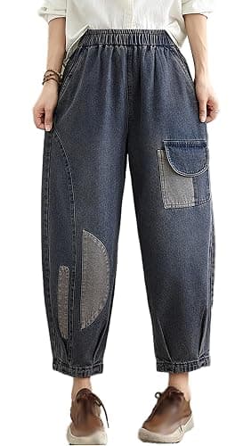 LAI MENG FIVE CATS Casual Women Loose Jeans Denim Pants Elastic Waist - Medium - Blue - Image 1