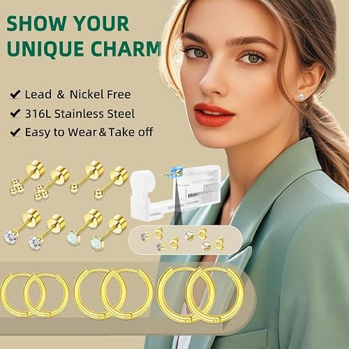 Nunpag 26 Pcs Ear Piercing Kit Ear Disposable Piercing Gun Kit Includes 4 Pcs Self Piercing Gun 18 Pcs Cubic Zirconia Earrings Stud Hoop Earrings 4 Cleaning Pads Easy-to-Use Ear Piercer Kit Tool thumbnail 4
