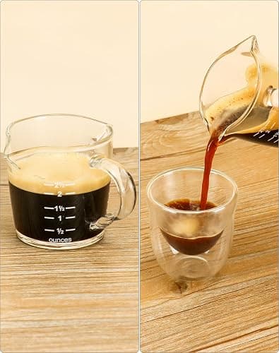 QWORK Espresso Shot Glass with Handle, 4 Pack 3-Ounce Double Spout Glass Measuring Cup Triple Pitcher Milk Cup with Two Scales (OZ&ML) thumbnail 5