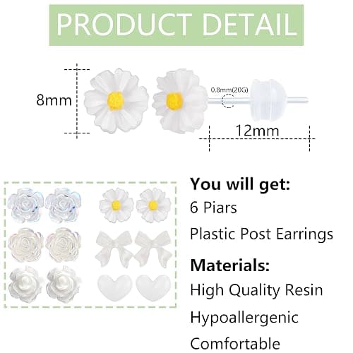 KASFREE Plastic Post Earrings for Sensitive Ears White Plastic Stud Earrings with Plastic Posts Hypoallergenic Plastic Earrings for Women thumbnail 2