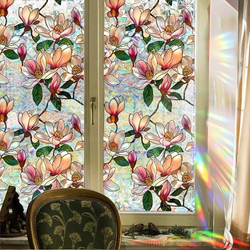 Retro Magnolia Flowers Window Privacy Film,Stained Glass Decals Colorful Floral Privacy Rainbow Decals Living Room Sun Blocking Decor Removable Static Cling Stickers,16.93x39.37inch thumbnail 4