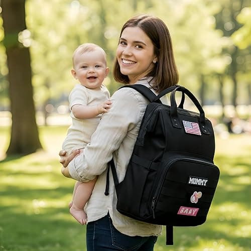 QWREOIA Diaper Bag Backpack for Dad and Mom with USB Charging Port Stroller Straps and Insulated Pocket,army military Travel Nappy Backpack for Daddy/Mommy (Black) thumbnail 2