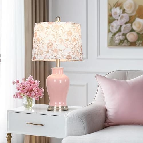 Ruzectt Pink Ceramic Table Lamp with Flower Lampshade, 23" Cute Bedroom Lamp with Ginger Jar Design, Modern Living Room Lamps Set 2, Elegant Bedside Lamps for Nightstand End Table Home Decor thumbnail 3