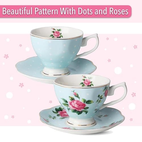 BTaT- Floral Tea Sets for Adults, 13 pcs, Service for 4, Pot (38 oz) & Cups (8 oz) with Saucers, Pastel Blue Floral Design, Porcelain Tea Set for Adult, Dishwasher Safe, Mothers Day Gift thumbnail 6