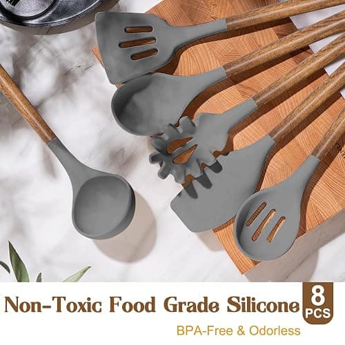 Non-Stick Silicone Kitchen Utensils Set with Natural Acacia Hard Wood Handle, Umite Chef 8 Pieces Kitchen Spatulas set, White, BPA Free, Baking, Serving and Cooking Utensils - White thumbnail 3