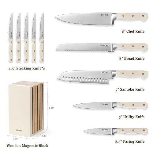 CAROTE 11 Pieces Knife Set with Block for kitchen, Stainless Steel Razor-Sharp Blade, Triple Riveted Ergonomic Handle, Wooden Magnetic Block, Essential Knife Block Set, Beige thumbnail 3