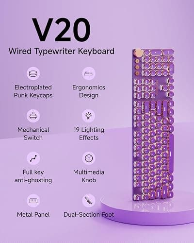 EWEADN Wired Typewriter Mechanical Keyboard, Low Noise Pink Switch Retro Punk Keyboard with Media Knob, White Backlit, Metal Panel, 104-Key Round Keycaps Cute Keyboard for Windows PC -Purple thumbnail 8