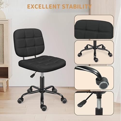 ERGOSEAT Armless Home Office Desk Chair with Wheels, Modern Ergonomic Drafting Rolling Chair with 360° Swivel Wheels,Height Adjustable Computer Task Chairs for Small Space, Black thumbnail 7