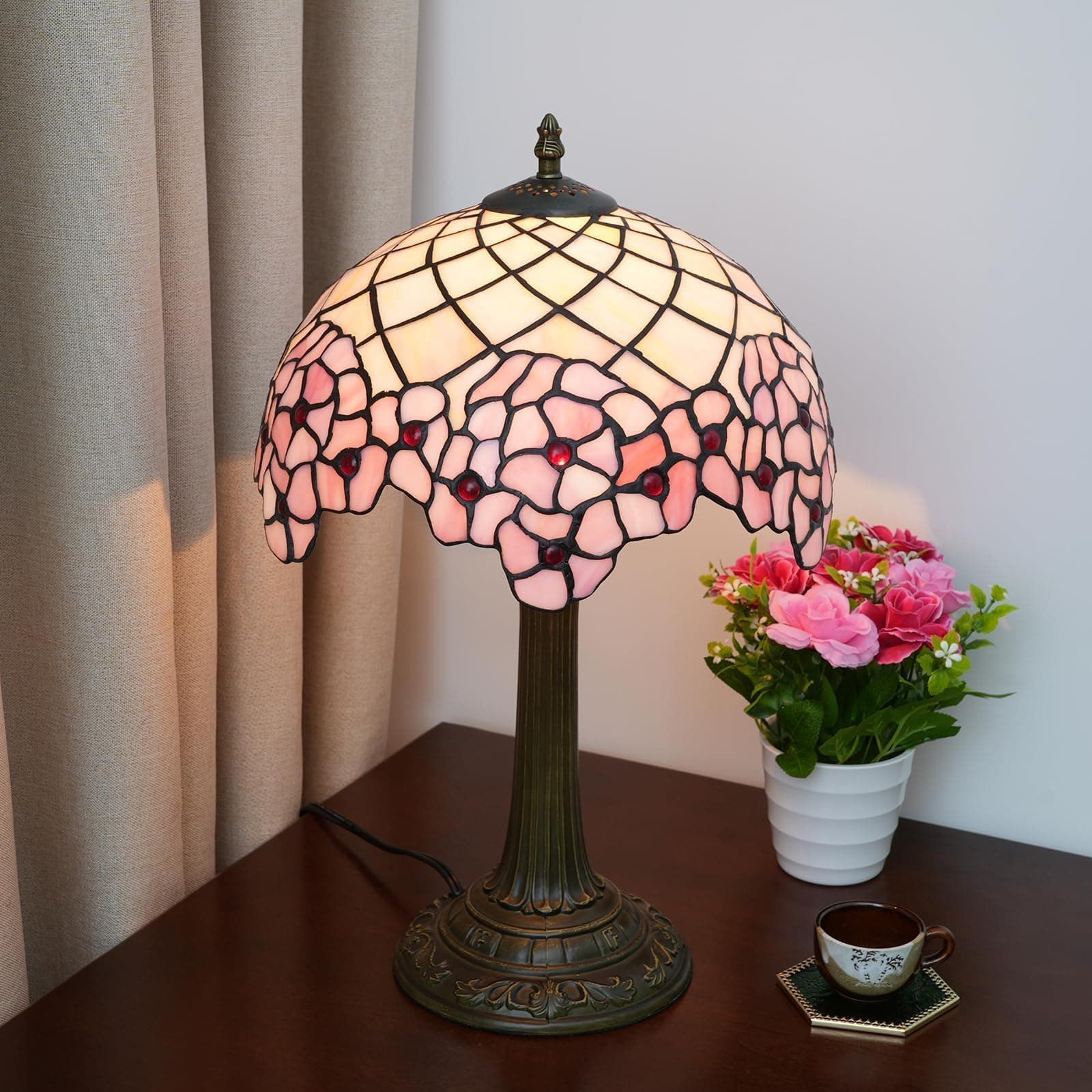 Tiffany Lampshade, Bedside Lamp, Stained Glass for Bedroom, Dorm, Living Room and Kitchen, Cute Home Aesthetic Decoration Gift, Cherry Blossom thumbnail 8